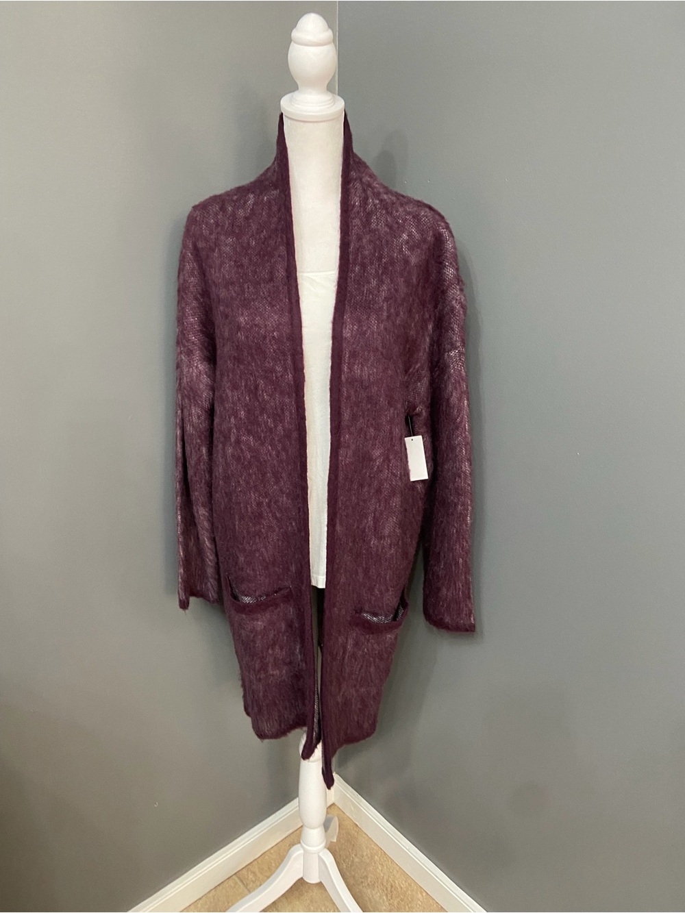 Simply Styled by Sears Missy Fuzzy Cardigan Coat Purple Long Duster Pockets   LG